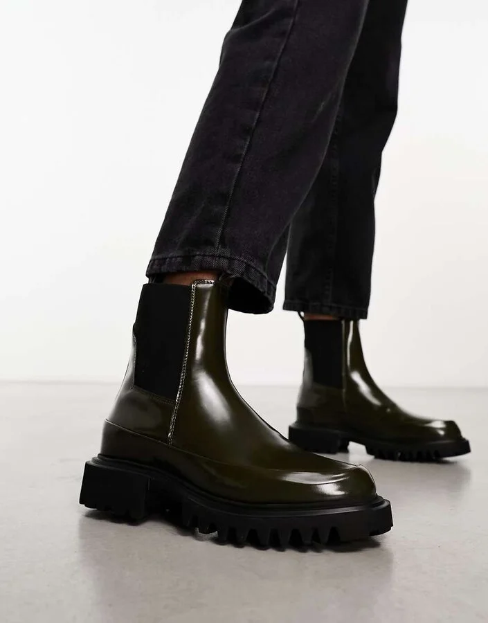 AllSaints Harlee hi-shine leather chunky boots in khaki - Image 2