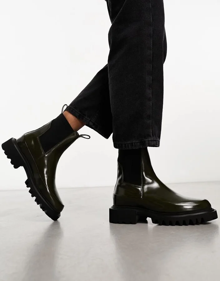 AllSaints Harlee hi-shine leather chunky boots in khaki - Image 3