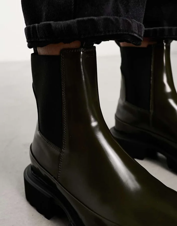 AllSaints Harlee hi-shine leather chunky boots in khaki - Image 4