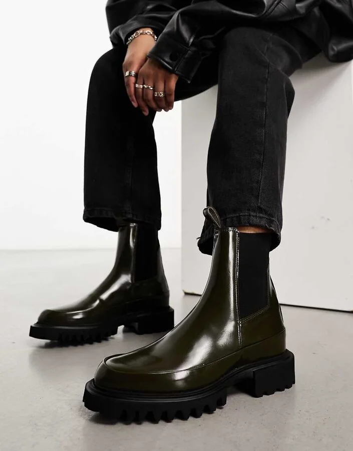 AllSaints Harlee hi-shine leather chunky boots in khaki