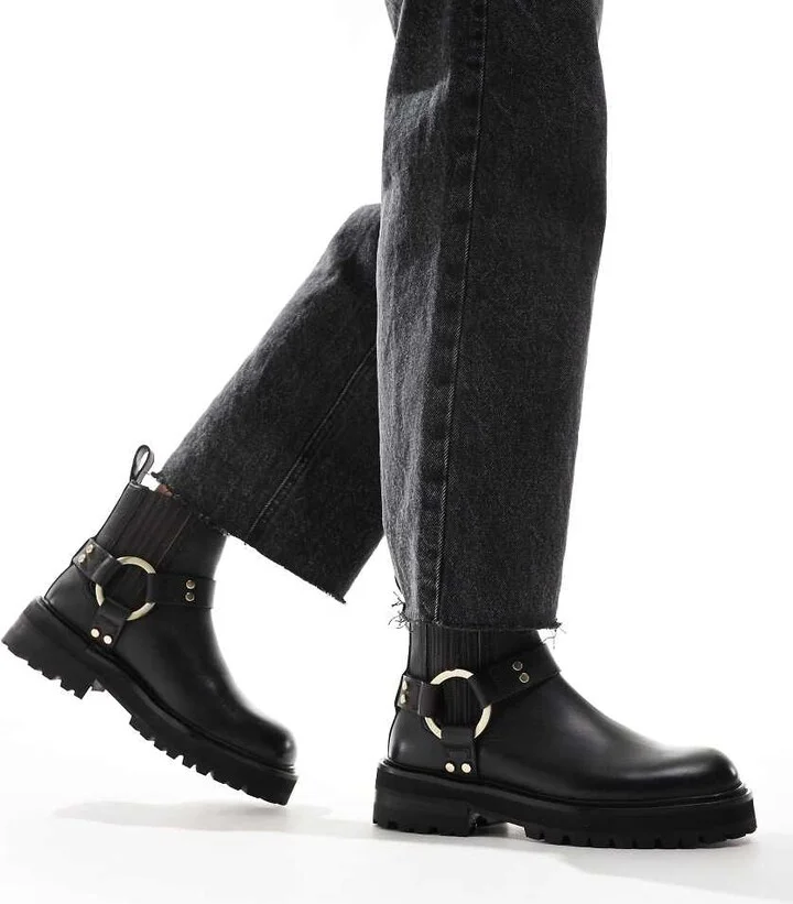 AllSaints Maddie leather harness biker boots in black