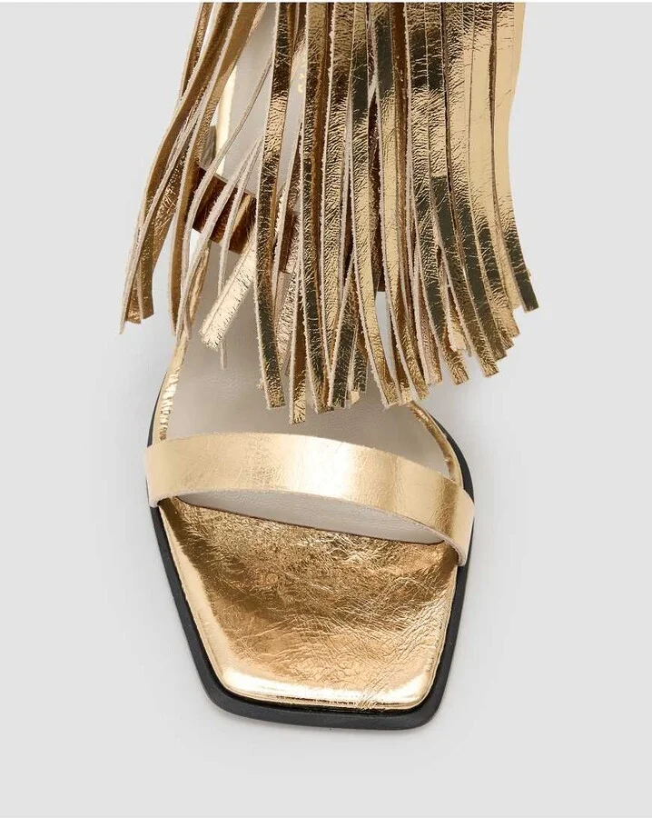AllSaints Paola Met leather fringe heeled sandals in gold - Image 3