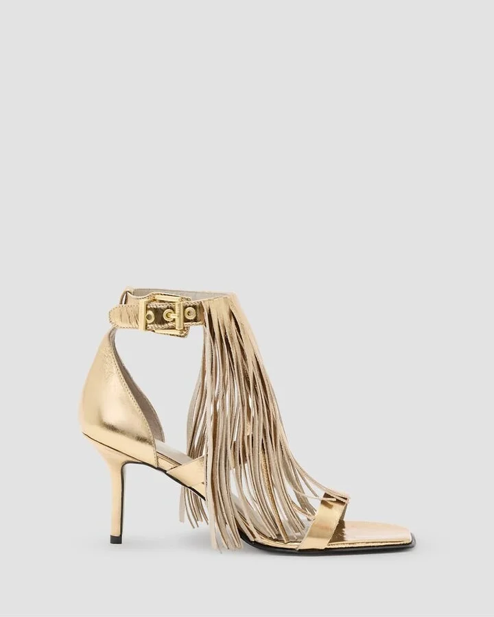 AllSaints Paola Met leather fringe heeled sandals in gold