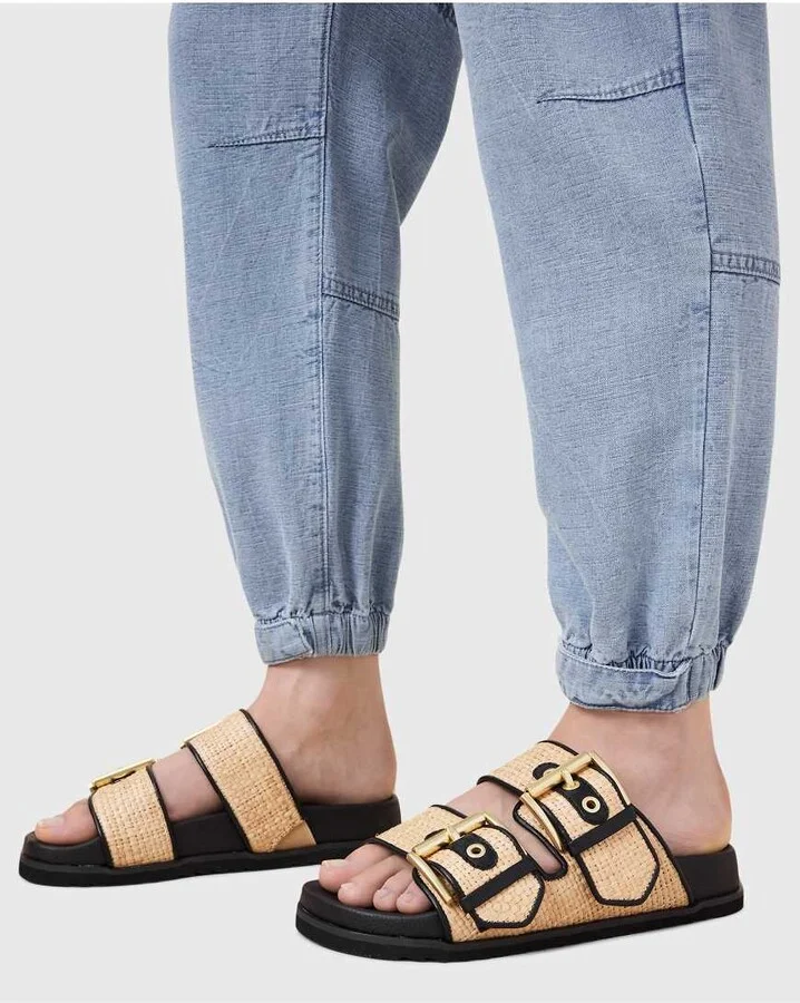 AllSaints Sian raffia/leather sandals in black and neutral - Image 2