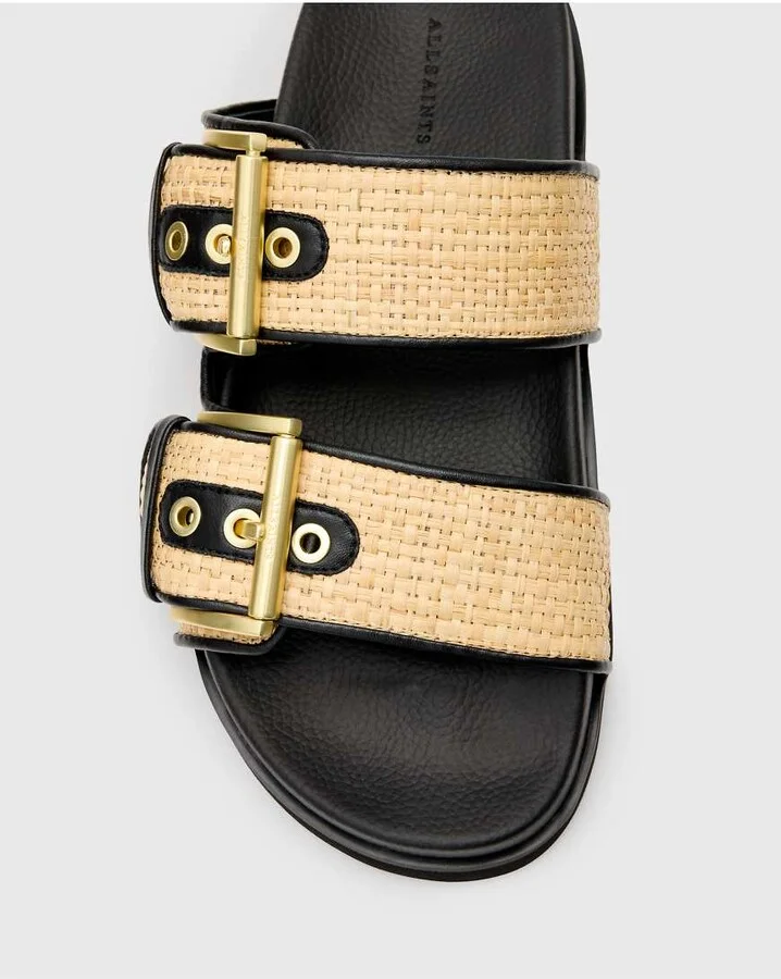 AllSaints Sian raffia/leather sandals in black and neutral - Image 3