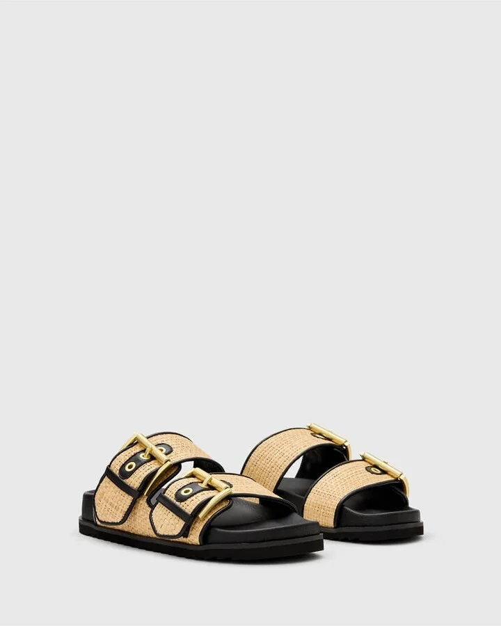 AllSaints Sian raffia/leather sandals in black and neutral - Image 4