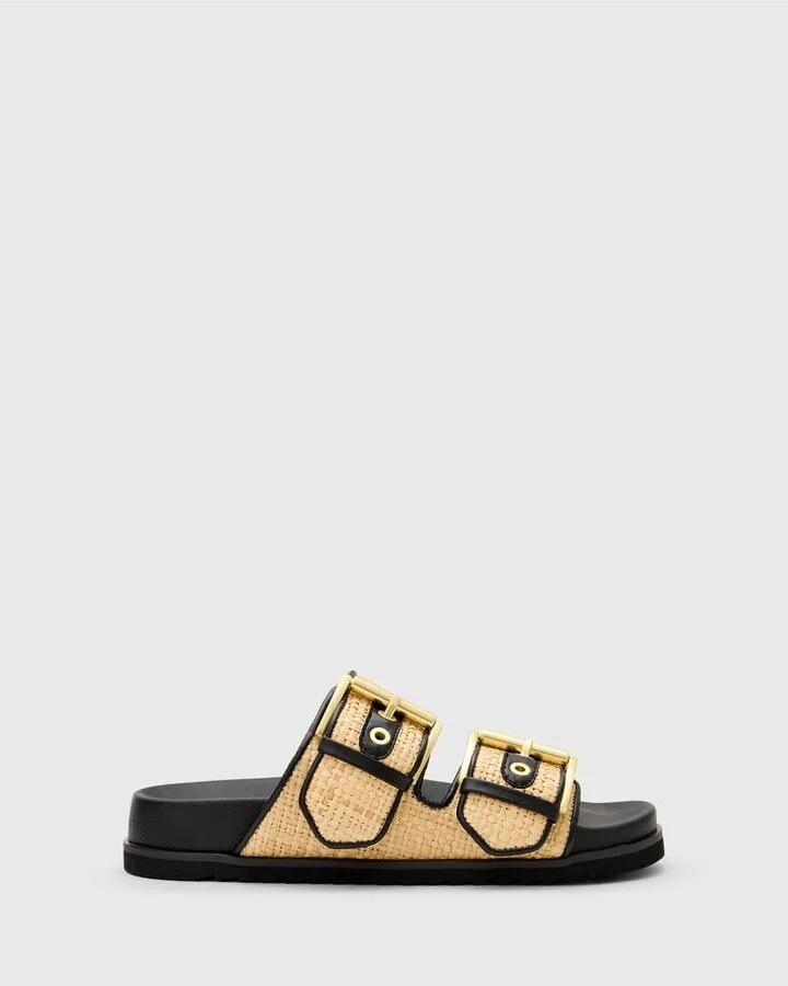 AllSaints Sian raffia/leather sandals in black and neutral