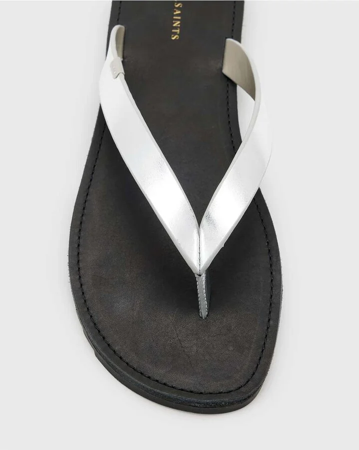 AllSaints Sydney leather thong sandals in silver - Image 3