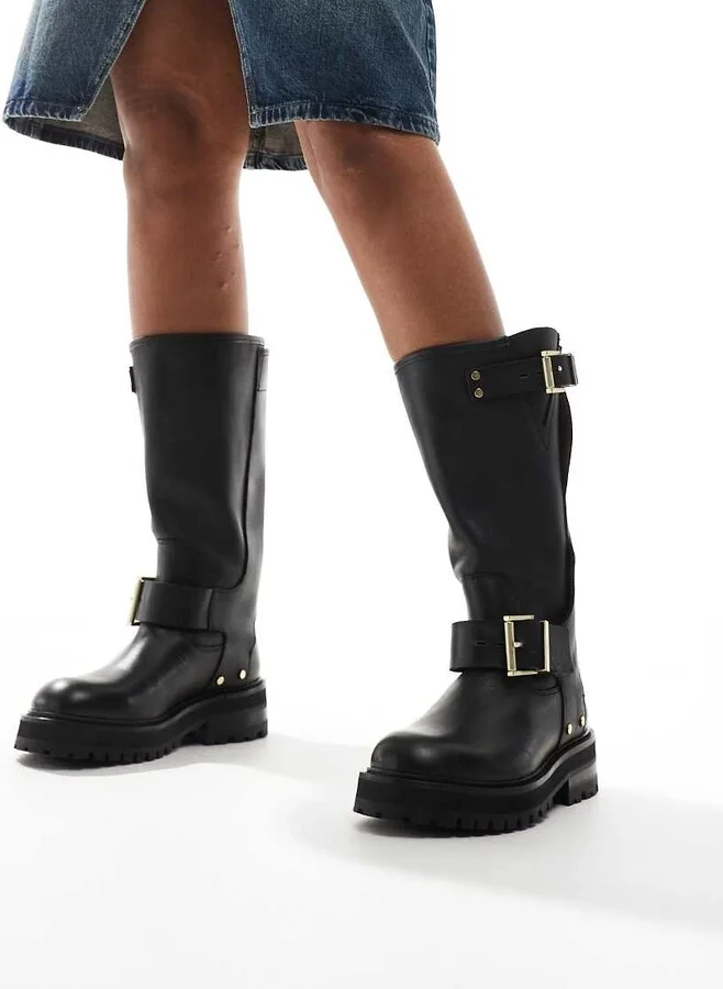 AllSaints Tay leather buckle biker boots in black - Image 2