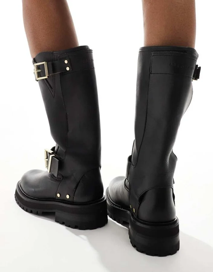 AllSaints Tay leather buckle biker boots in black - Image 4