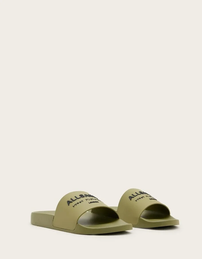 AllSaints Underground rubber slides in khaki