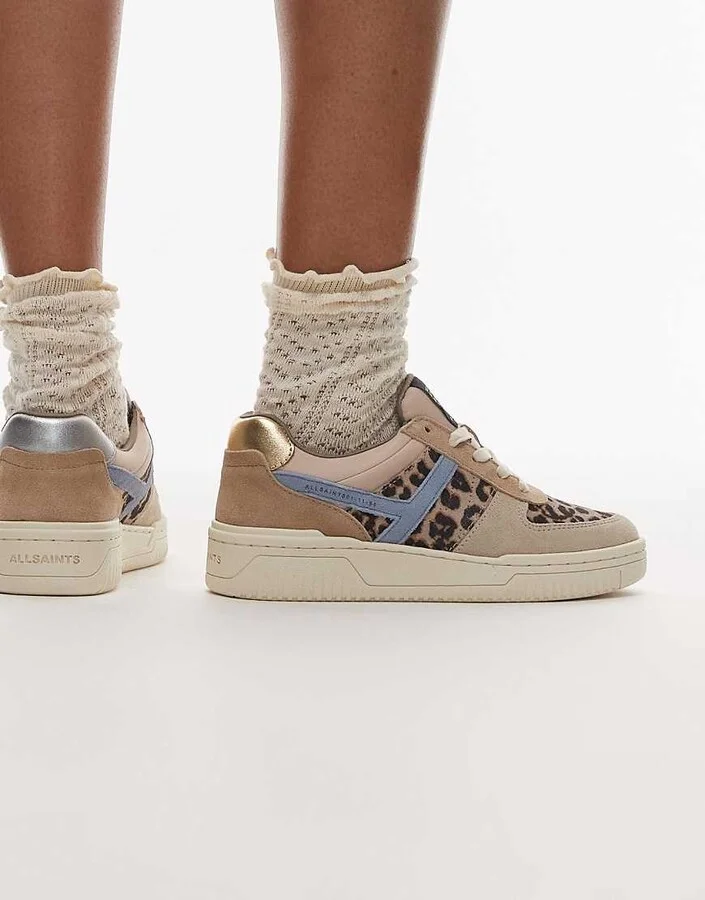 AllSaints Vix leather mix sneakers in sand/leopard multi - Image 4