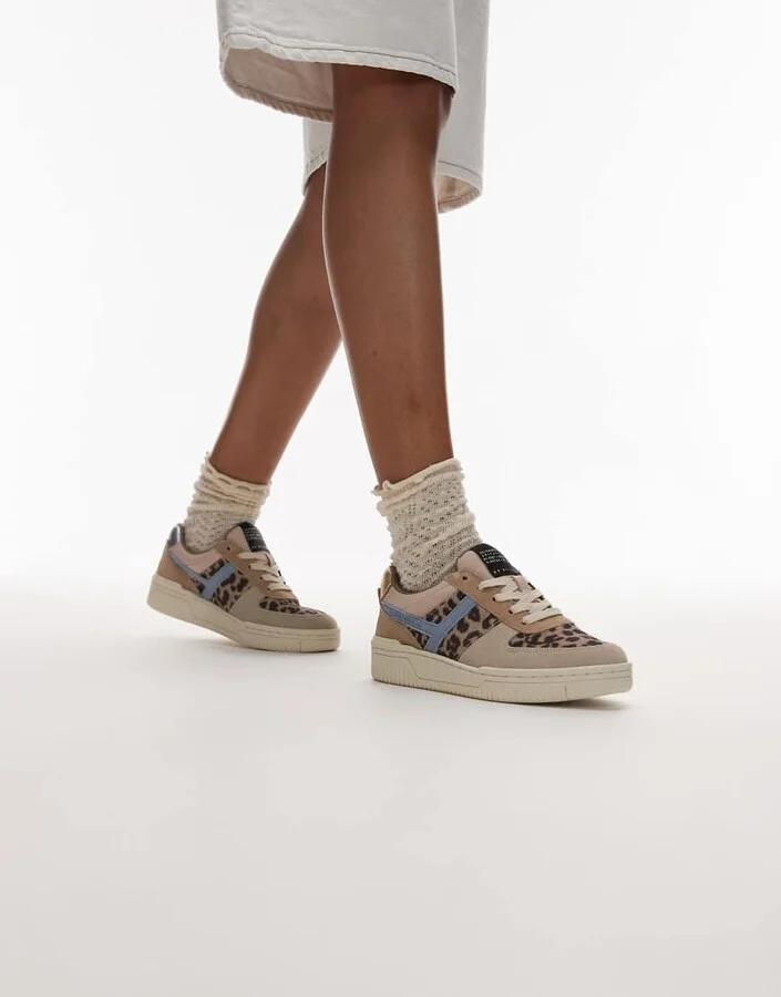 AllSaints Vix leather mix sneakers in sand/leopard multi