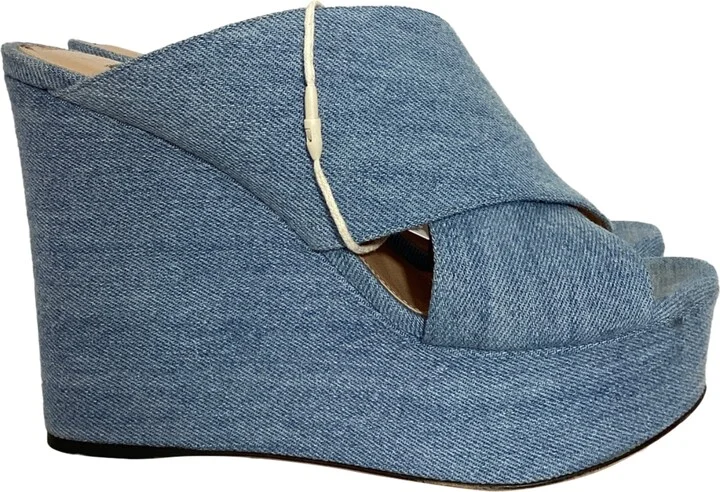 Alma Slip-On Wedge Sandals in Blue Cotton Denim