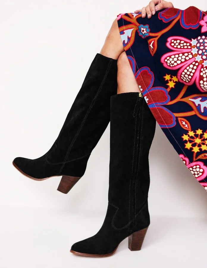 Almond Toe Heeled Knee Boots, Black