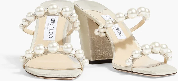 Amara 85 faux pearl-embellished metallic suede sandals - Image 2