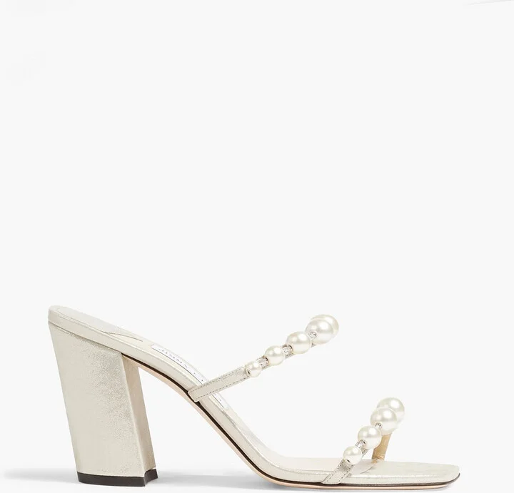 Amara 85 faux pearl-embellished metallic suede sandals