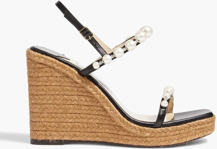 Amatuus 110 faux pearl-embellished leather wedge slingback sandals