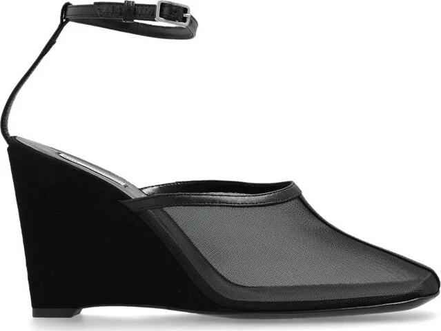 AMI Paris Crosiette Ankle Strap Wedge Mules