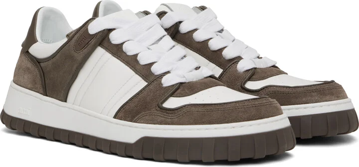 AMI Paris White & Taupe Leather Low Top Walk Sneakers - Image 4