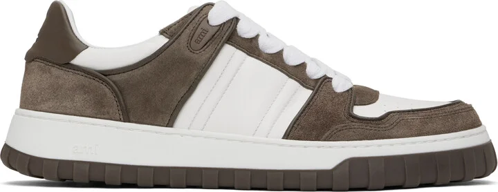 AMI Paris White & Taupe Leather Low Top Walk Sneakers