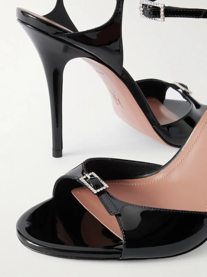 Amina Muaddi - Adut Crystal-embellished Buckled Patent-leather Sandals - Black - Image 4