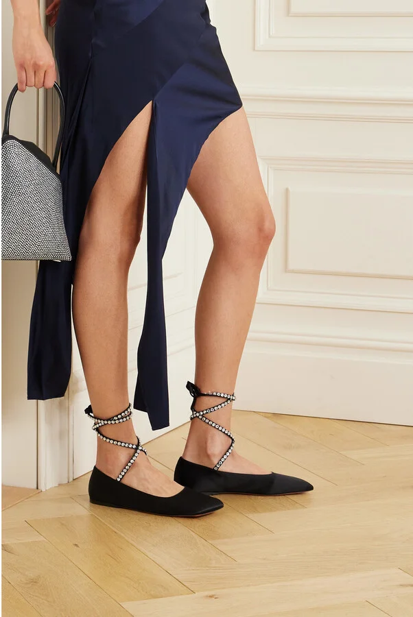 Amina Muaddi - Ane Crystal-embellished Satin Ballet Flats - Black - Image 2