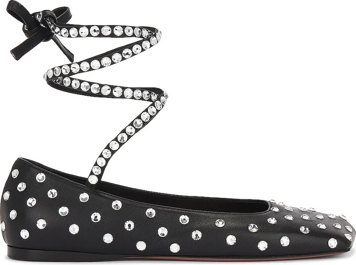 AMINA MUADDI Ane Crystal Lace Up Flat in Black