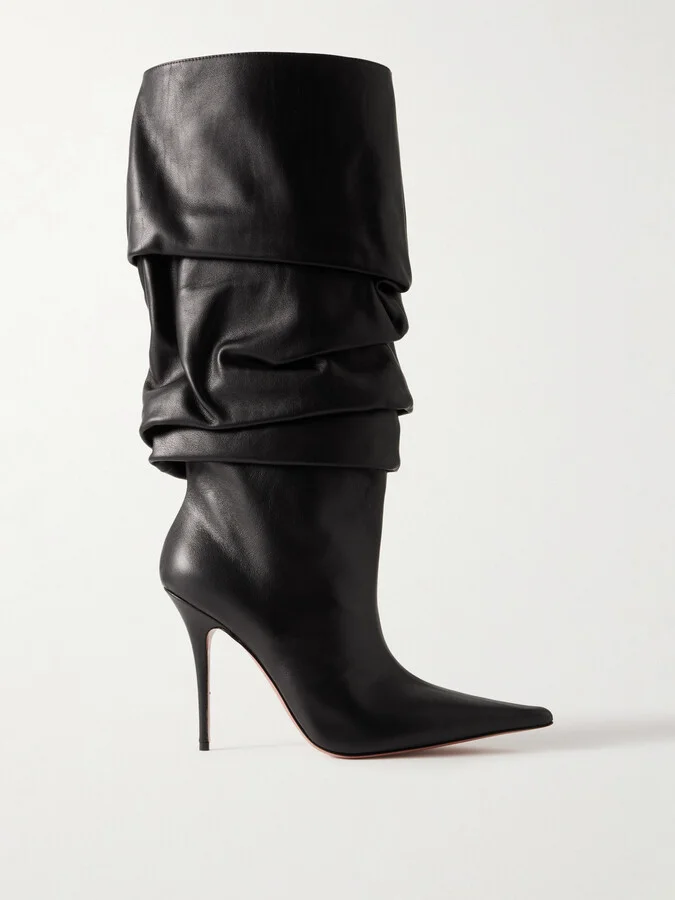 Amina Muaddi - Anok Gathered Leather Knee Boots - Black