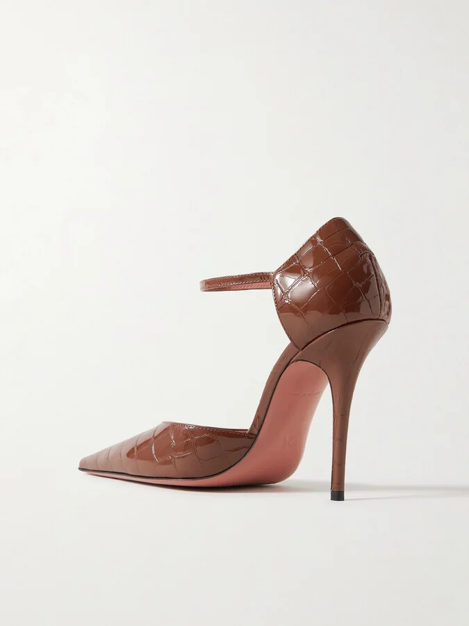 Amina Muaddi - Barbara Croc-effect Patent-leather Pumps - Brown - Image 3