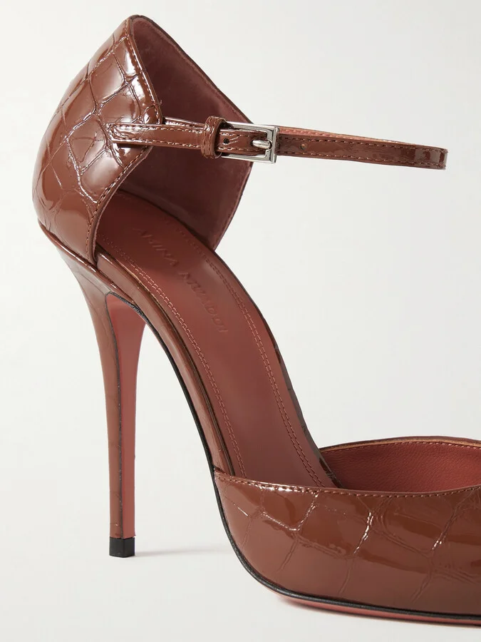 Amina Muaddi - Barbara Croc-effect Patent-leather Pumps - Brown - Image 4