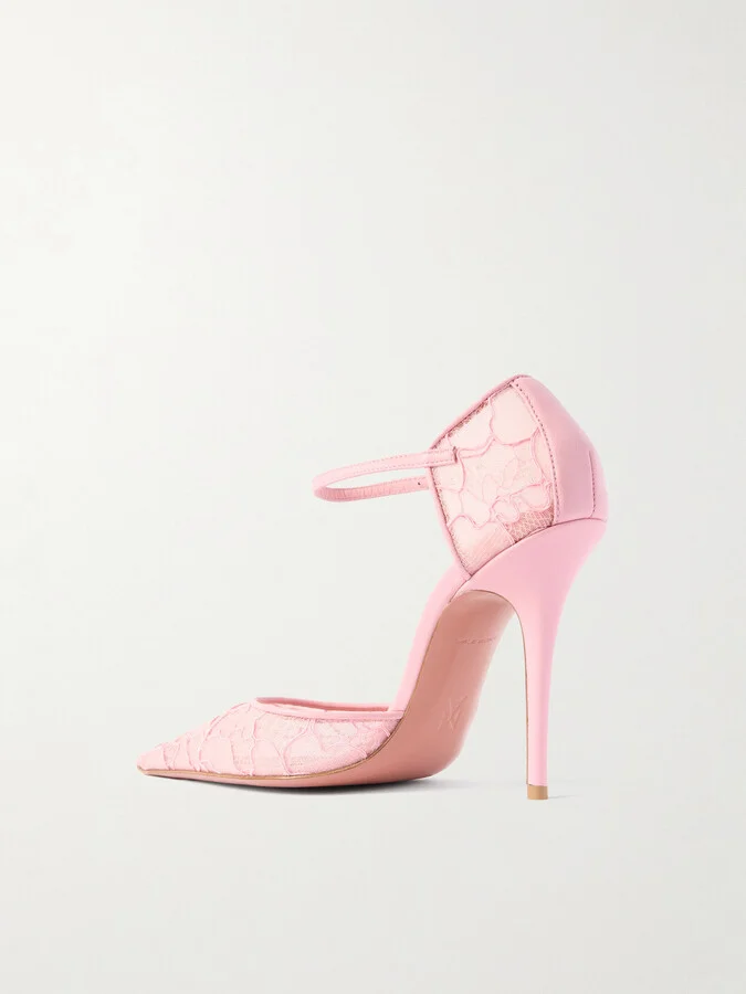 Amina Muaddi - Barbara Leather-trimmed Lace Pumps - Pink - Image 3