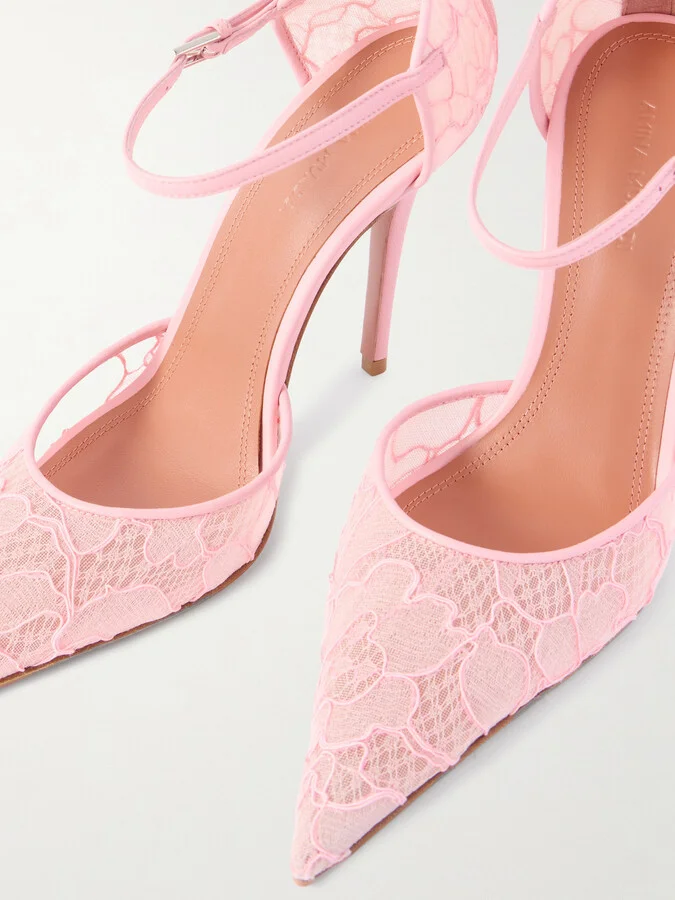 Amina Muaddi - Barbara Leather-trimmed Lace Pumps - Pink - Image 4