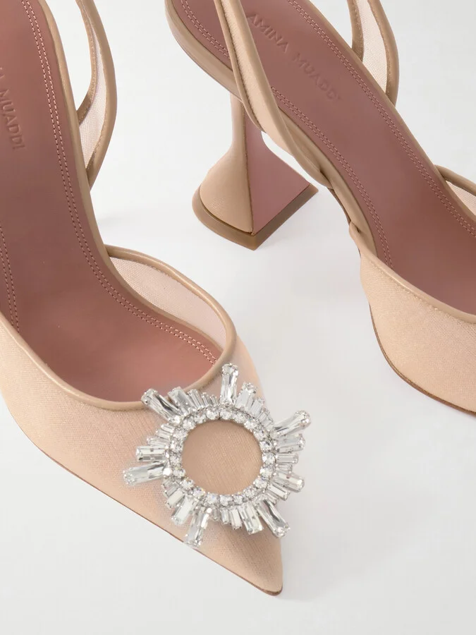Amina Muaddi - Begum Crystal-embellished Leather-trimmed Mesh Slingback Pumps - Neutrals - Image 4