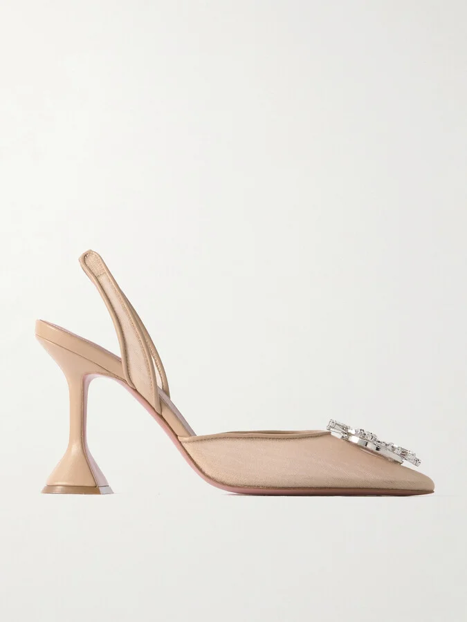 Amina Muaddi - Begum Crystal-embellished Leather-trimmed Mesh Slingback Pumps - Neutrals