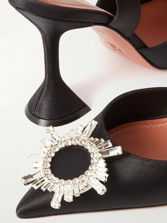 Amina Muaddi - Begum Swarovski Crystal-embellished Satin Slingback Pumps - Black - Image 4