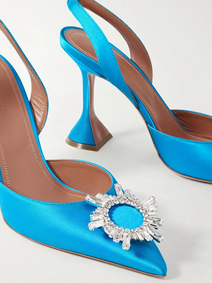 Amina Muaddi - Begum Swarovski Crystal-embellished Satin Slingback Pumps - Blue - Image 4