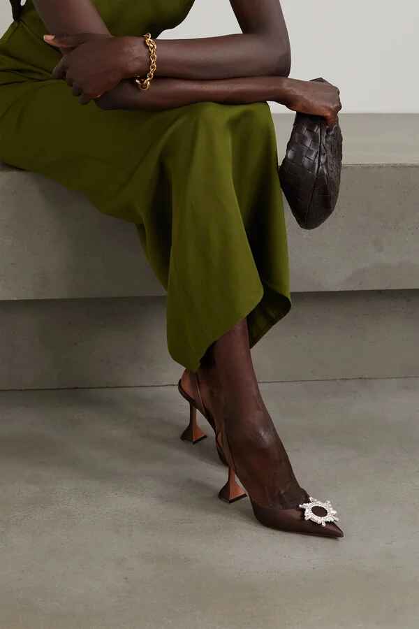 Amina Muaddi - Begum Swarovski Crystal-embellished Satin Slingback Pumps - Brown - Image 2