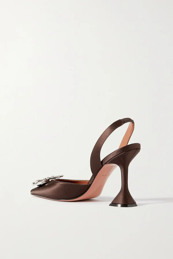Amina Muaddi - Begum Swarovski Crystal-embellished Satin Slingback Pumps - Brown - Image 3
