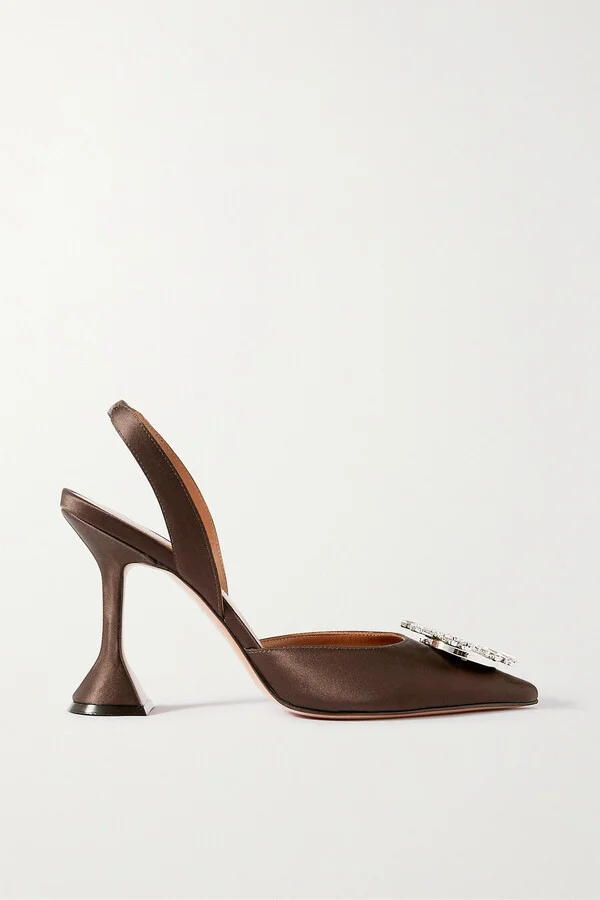 Amina Muaddi - Begum Swarovski Crystal-embellished Satin Slingback Pumps - Brown