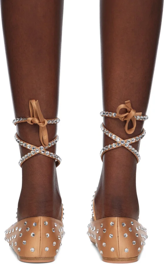 Amina Muaddi Beige Ane Crystal Lace Up Ballerina Flats - Image 2