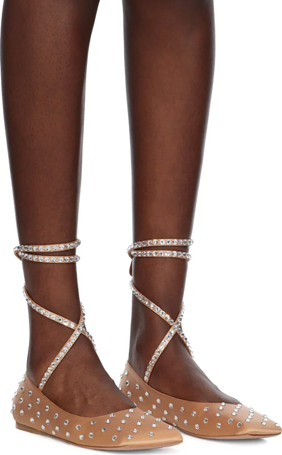 Amina Muaddi Beige Ane Crystal Lace Up Ballerina Flats - Image 4