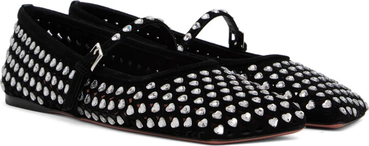 Amina Muaddi Black Ane Crystal Heart Ballerina Flats - Image 4