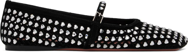 Amina Muaddi Black Ane Crystal Heart Ballerina Flats