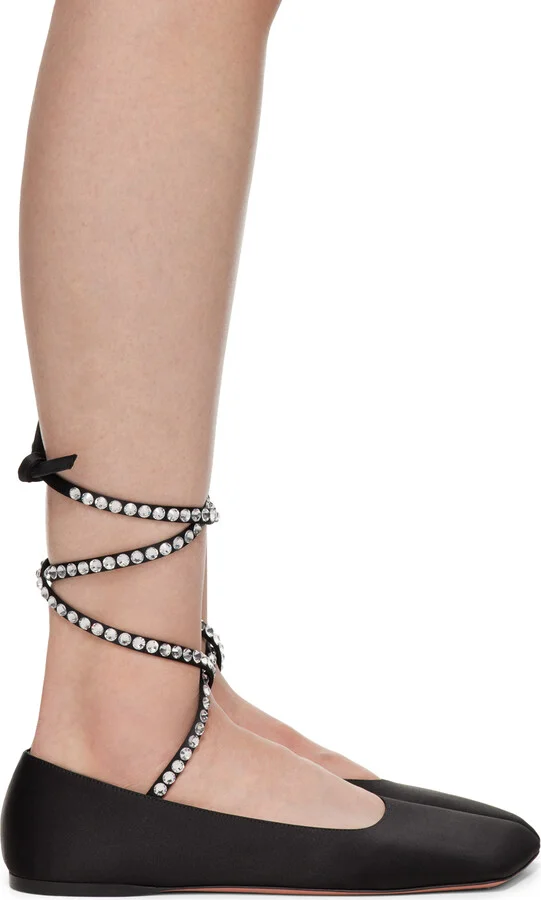 Amina Muaddi Black Ane Lace Up Ballerina Flats