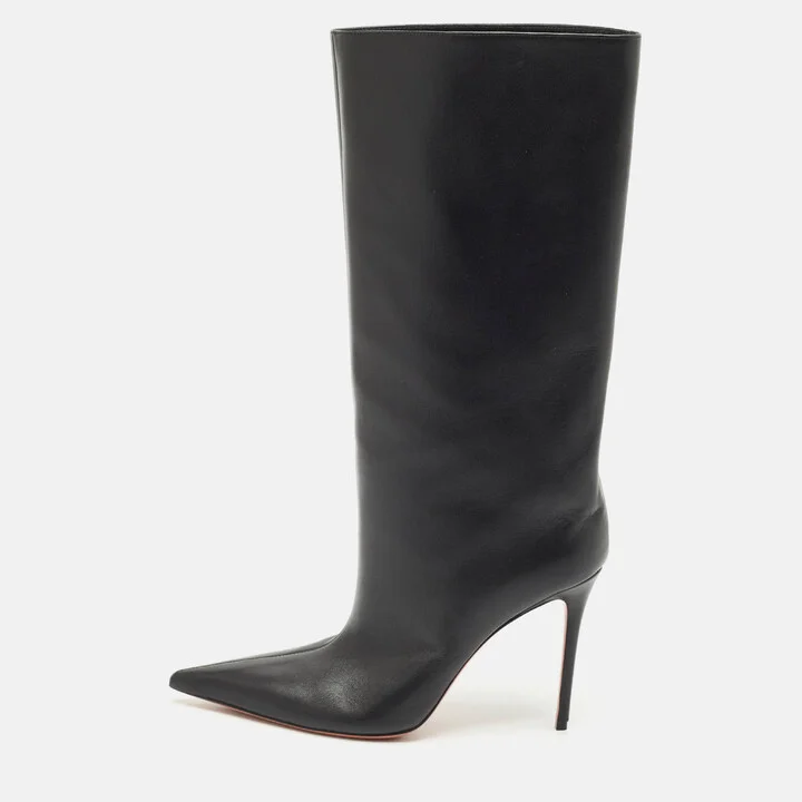 Amina Muaddi Black Leather Mid Calf Boots Size 39