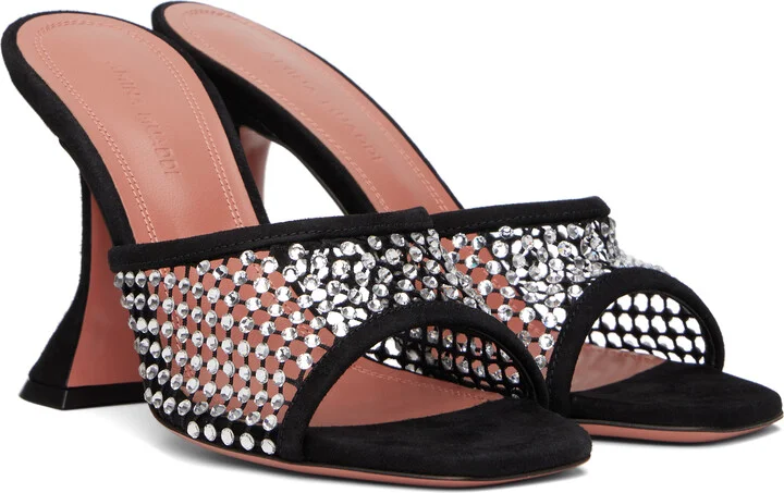 Amina Muaddi Black Lupita Crystal Net Heeled Sandals - Image 4