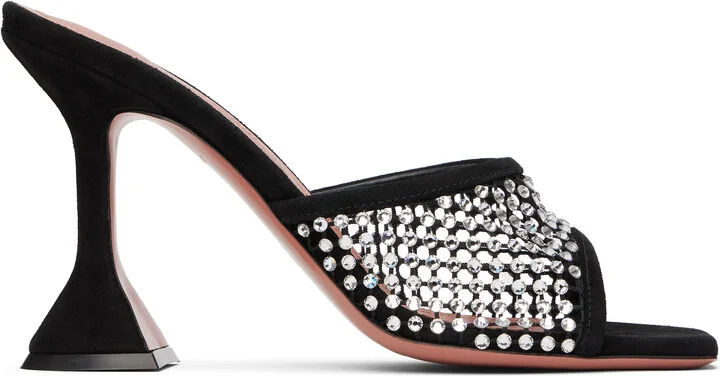 Amina Muaddi Black Lupita Crystal Net Heeled Sandals