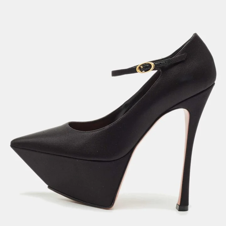 Amina Muaddi Black Satin Angelica Ankle Strap Platform Pumps Size 36.5