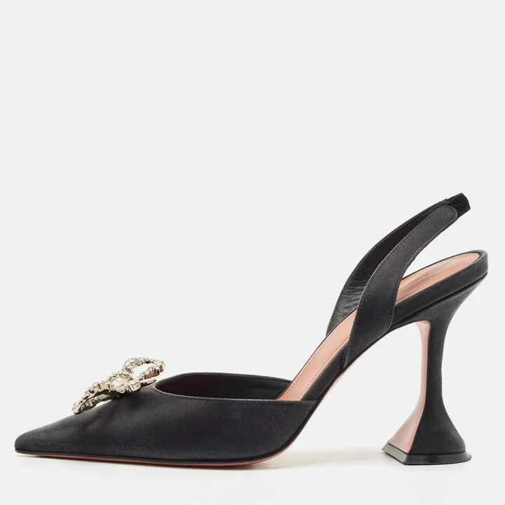 Amina Muaddi Black Satin Begum Crystal-Embellished Slingback Pumps Size 38